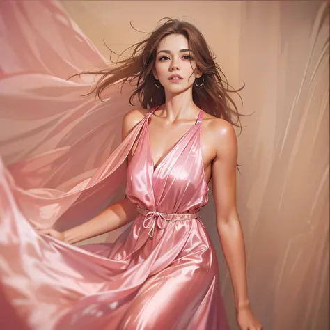 Beautiful woman in vey long translucent pink satin dress