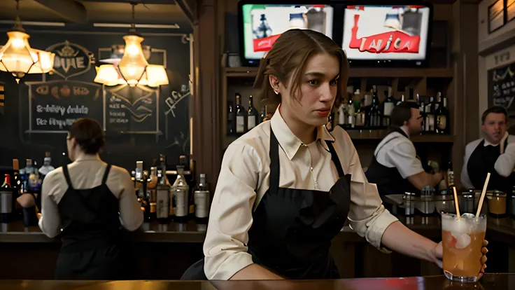 edward hopper style, large busy restaurant, bartender serving drinks to customers at the bar, distant view