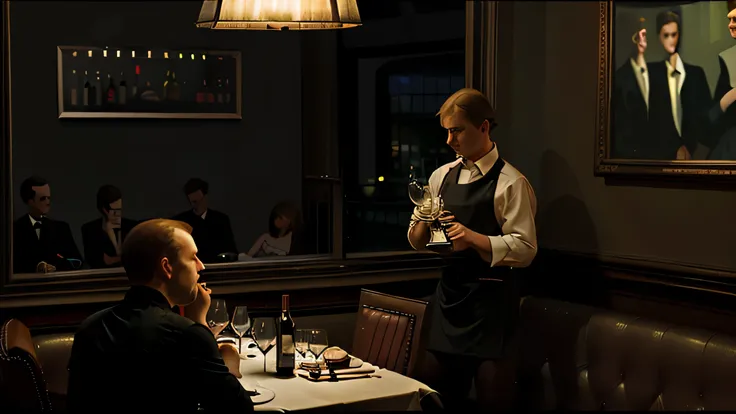 edward hopper style, busy restaurant, waiter delivering wine glasses to table, night time