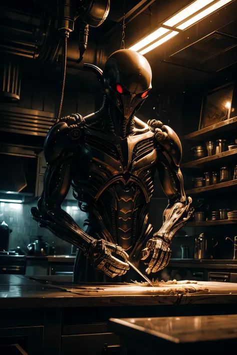 Xenomorphs meticulously preparing pilaf in a biomechanical kitchen, their intricate alien hands holding unusual cooking utensils, created with a blend of organic and mechanical components. The scene exudes an everyday cooking ambiance, juxtaposed against a...