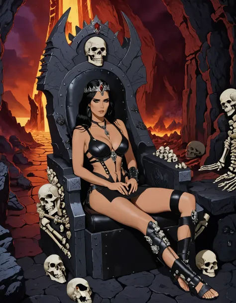 obsidian-crown, gems, heavymetalstyle, 2d-flat-art, full-body shot, 1woman, bare-feet, sitting, large cleavage, skimpy leather a...