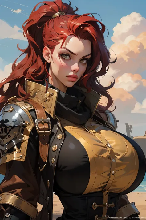 Girl with wavy red hair and rebellious, ((hair slicked back)), golden eyes and tanned skin, Steampunk pirate style clothes, (gigantic breasts), background with clouds, realistic style.