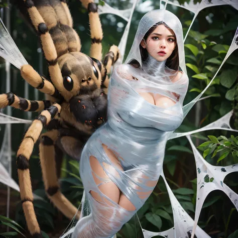 a girl entangled in the spider web, struggle, detailed classroom, (cocoon:1.3), spider web, hanging, spider in the web, spider