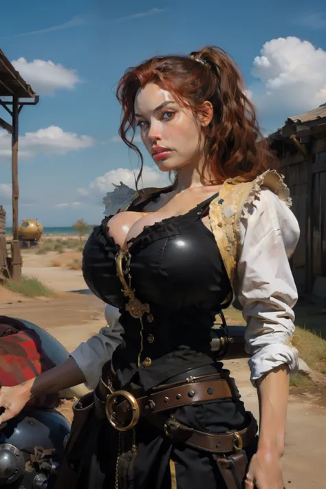 Girl with wavy red hair and rebellious, ((hair slicked back)), golden eyes and tanned skin, round breasts,Steampunk pirate style clothes, (gigantic breasts), background with clouds, realistic style.