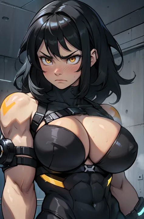 muscular girl toned body yellow eyes black hair pale skin sad frown blush massive breasts cinematic lighting dograys