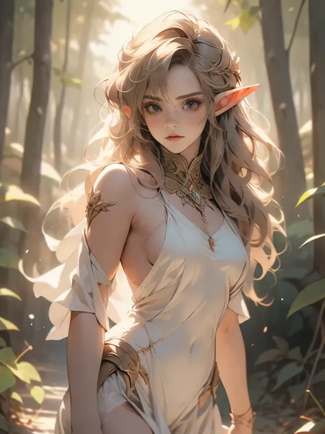 Fantasy, medieval, ((best quality)), ((masterpiece)), (detailed), perfect face, perfect body, hot woman, beautiful sexy elf, standing, heroic pose, chestnut hair, big eyes, black eyeliner, freckles, wearing elven armor, cameltoe, outdoors, gloomy forest, n...