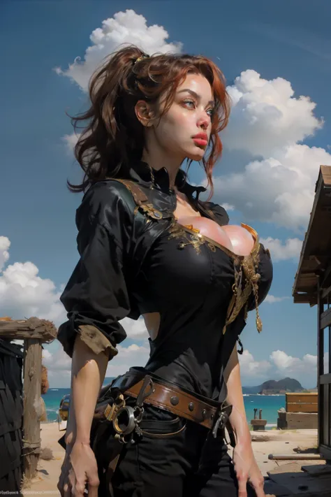 Girl with wavy red hair and rebellious, ((hair slicked back)), Caucasian woman,golden eyes and tanned skin, round breasts,Steampunk pirate style clothes, (gigantic breasts), background with clouds, realistic style.
