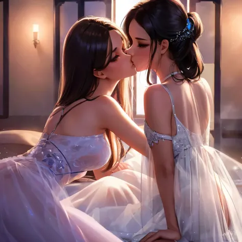 two girl kissing, see her ass,(bright lighting,romantic setting),dreamy background,bondage,dark hair, mesmerizing gaze, , soft skin, alluring beauty, artistic portrait, high-quality image, vibrant colors,translucent silk wedding dress, mosquito net,