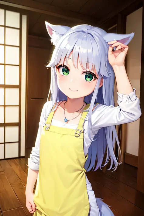 Cabello largo plateado, ojos verdes, headband, necklace, apron, wolf ears, wolf tail, flat breast, sonrisa, happy, muslos hermosos, inside house