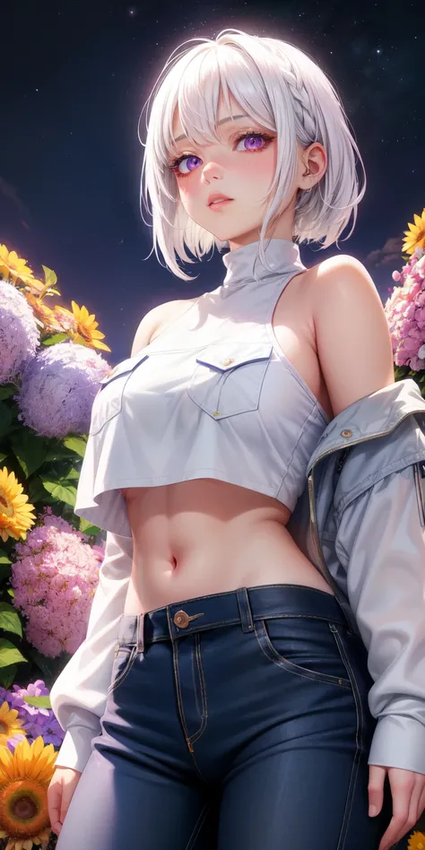 real, 1girl, White hair, Purple eyes, Glowing eyes, Crop top, A pocket, Parted lips, Blush, a night, Flowers, sun, sunlight,