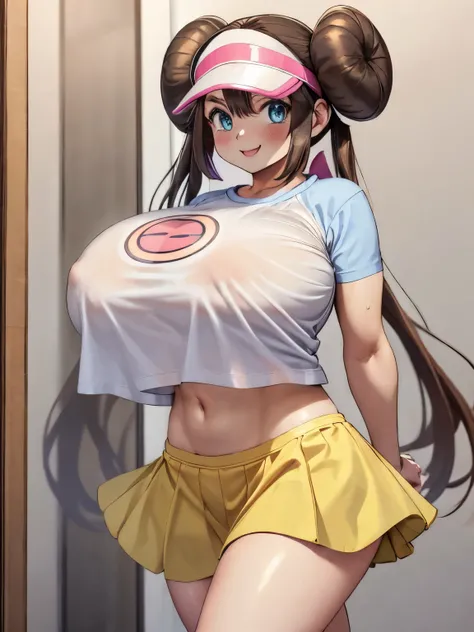 masterpiece, best quality, rosa, 1girl, busty, hairbuns, twin tail, yellow skirt, midriff, looking at viewer, white shirt, short sleeves, smile,hands in pockets, short skirt, ((boob curtain)), huge breasts, low angle, undersized shirt, undersized skirt, sp...