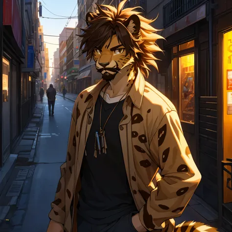 best quality,ultra-detailed,photorealistic,cheetah,antro,male,20 years old,young,informal clothes,messy hair,taller,thin,solo,street,cheetah head,cheetah face,non-human,vivid colors,sharp focus,HDR,HDR lighting, mustache