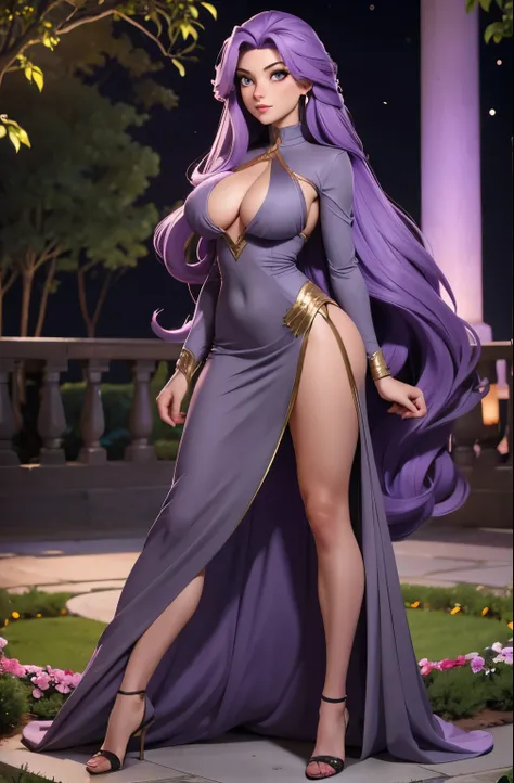 Only one girl with long PURPLE hair. golden eyes, deep and energetic. She is wearing a tight gray elegant dress. big ass, big tits, background garden in the night. Full body