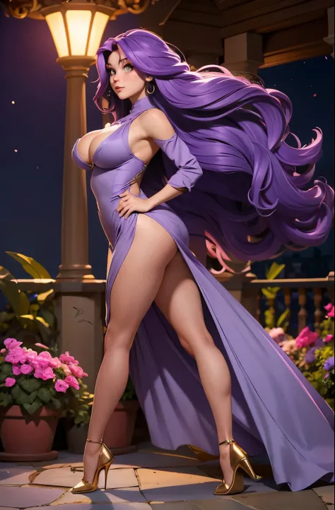 Only one girl with long PURPLE hair. golden eyes, deep and energetic. She is wearing a tight gray elegant dress. big ass, big tits, exposed breasts, exposed leg, background garden in the night. Full body