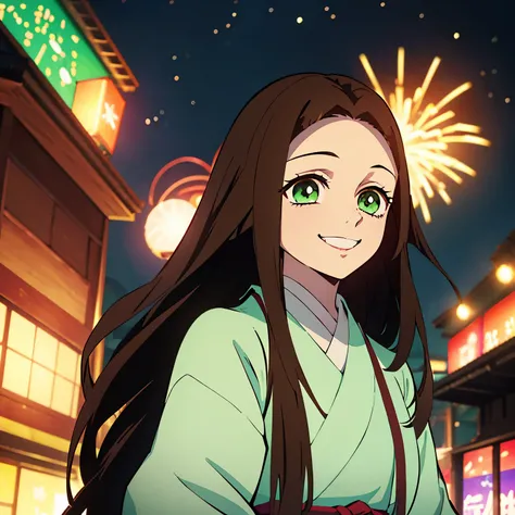  (Best quality:1.3), (a woman:1.1), (green eyes:1.2), (brown long straight hair:1.4) (manga style:1.5) (smiling:1.5) (sonrisa contenta:1.5) A beautiful girl from Kimetsu no Yaiba with stunning green eyes and long brown hair, without bangs, gazes at the fir...