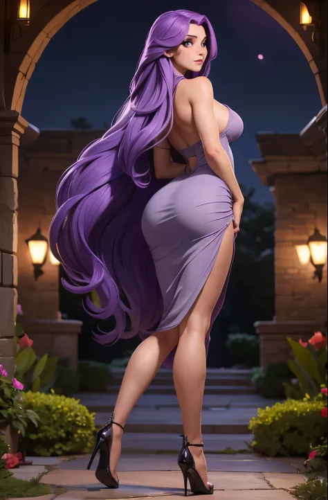 Only one girl with long PURPLE hair. golden eyes, deep and energetic. She is wearing a tight gray elegant dress. big ass, big tits, exposed breasts, naked breasts, exposed leg, revealing underwar, background garden in the night. Full body