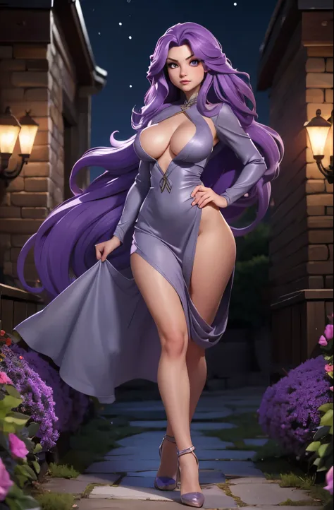 Only one girl with long PURPLE hair. golden eyes, deep and energetic. She is wearing a tight gray elegant dress. big ass, big tits, exposed breasts, naked breasts, exposed leg, revealing underwar, background garden in the night. Full body