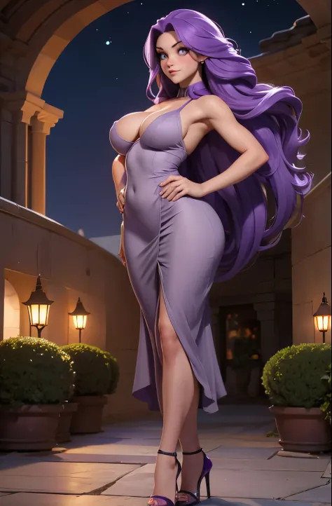 Only one girl with long PURPLE hair. golden eyes, deep and energetic. She is wearing a tight gray elegant dress. big ass, big tits, exposed breasts, exposed leg, exposed genitalia, background garden in the night. Full body