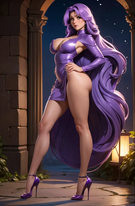 Only one girl with long PURPLE hair. golden eyes, deep and energetic. She is wearing a tight gray elegant dress. big ass, big tits, exposed breasts, naked breasts, exposed nipples, exposed legs, exposed genitalia, shiny skin, background garden in the night...