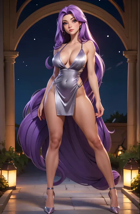 Only one girl with long PURPLE hair. golden eyes, deep and energetic. She is wearing a tight gray elegant dress. big ass, big tits, exposed breasts, naked breasts, exposed nipples, exposed legs, exposed genitalia, shiny skin, background garden in the night...