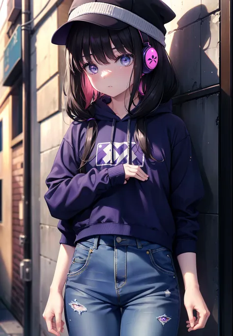 takiuchi kame, check it out, long hair, bangs, black hair, (purple eyes:1.2),blue hoodie,knit hat,headphones　around neck,hands i...