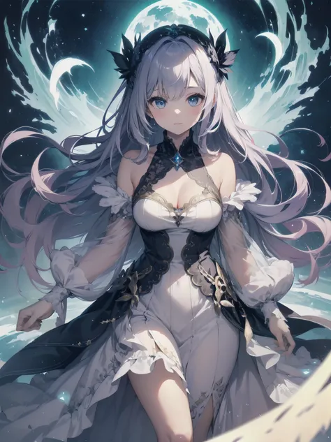 Artistic AI Art Galaxy、one girl、dynamic pose、"A Noblewomans Whimsical Adventure" Imagine a beautiful, elegant noblewoman, dressed in a stunning gown with intricate lace and beadwork, standing in front of a glowing, ethereal portal. She looks curious and ad...