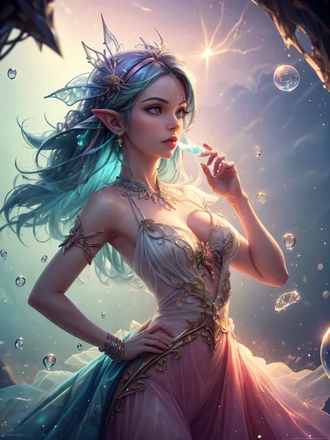 ((masterpiece:1.5)). This work of art is sweet, dreamy, idyllic and ethereal, with soft violet watercolor tones and many ornate bubble accents with iridescent colors. beautiful fairy dress, Generate a delicate and demure fae exploring a (Bubblegum World wi...