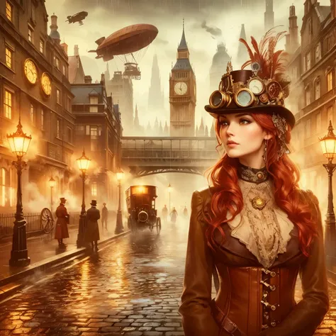 London street in the late 1800s, but with a steampunk twist. Think towering clockwork buildings with smokestacks puffing out steam, gaslight lamps casting an orange glow, and airships gliding silently overhead. Cobblestones slick with rain reflect the gasl...