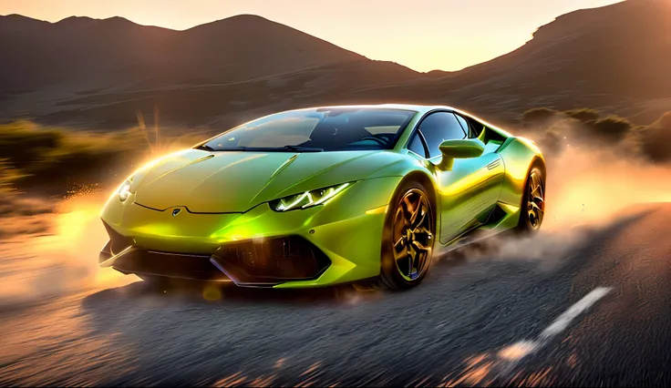 photo of a Lamborghini huracan performante,8k uhd,high quality,road,sunset,motion blur,depth blur,cinematic,filmic image 4k,8k with [George Millers Mad Max style]. The image should be [ultra-realistic],with [high-resolution] captured in [natural light]. Th...