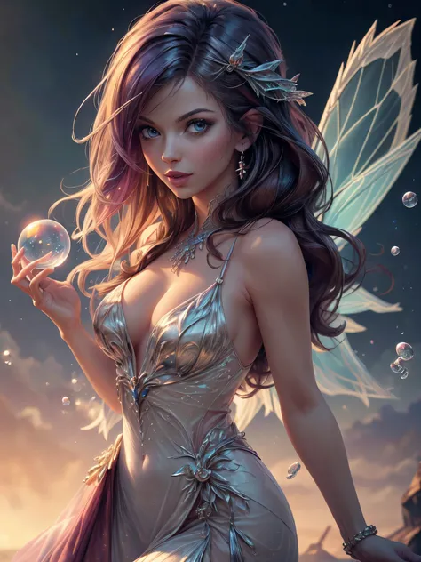 ((masterpiece:1.5)). This work of art is sweet, dreamy, idyllic and ethereal, with soft violet watercolor tones and many ornate bubble accents with iridescent colors. beautiful fairy dress, Generate a delicate and demure fae exploring a (Bubblegum World wi...