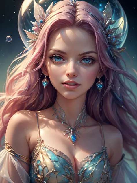 ((masterpiece:1.5)). This work of art is sweet, dreamy, idyllic and ethereal, with soft violet watercolor tones and many ornate bubble accents with iridescent colors. beautiful fairy dress, Generate a delicate and demure fae exploring a (Bubblegum World wi...