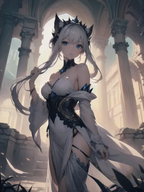 Artistic AI Art Galaxy、one girl、dynamic pose、"A Noblewomans Whimsical Adventure" Imagine a beautiful, elegant noblewoman, dressed in a stunning gown with intricate lace and beadwork, standing in front of a glowing, ethereal portal. She looks curious and ad...