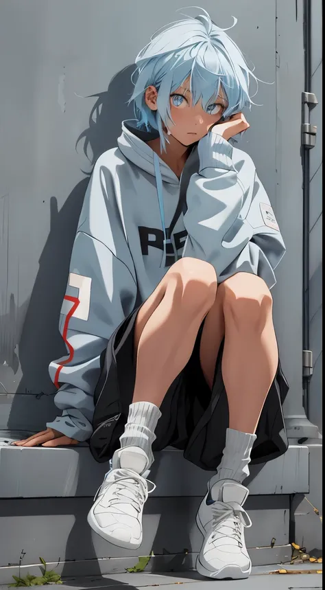 one-girl，light blue  hair，gray pupil，Stretch your body，baggy clothes，Black cotton socks，athletic sneakers