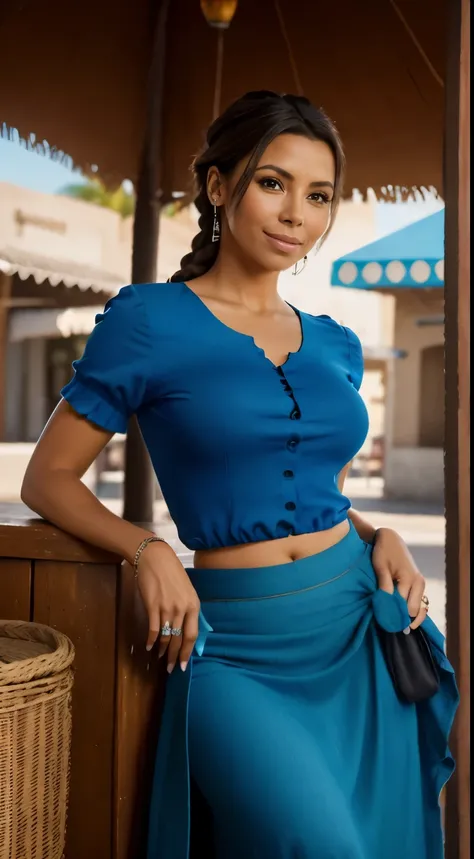 Foto hiperrealista en primer plano de Eva Longoria,  masterpiece, best quality, (photorealistic:1.4), (blue Mexican traditional maxi maxi  skirt:1.2), (blue Mexican traditional short sleeves blouse:1.2), Mexican city marketplace, cinematic light, beautiful...