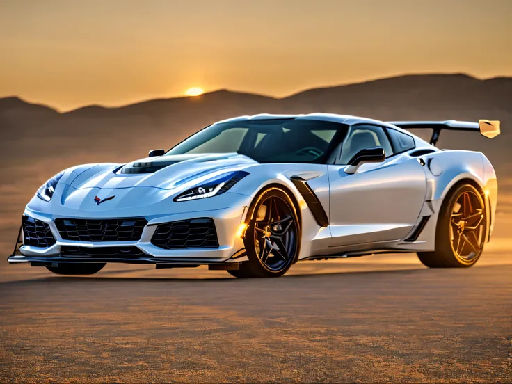 photo of a chevrolet corvette ,8k uhd,high quality,road,sunset,motion blur,depth blur,cinematic,filmic image 4k,8k with [george ...