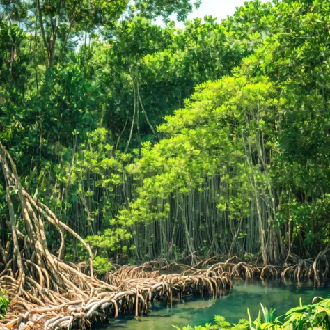 (masterpiece best quality:1.2) (((mangrove forest))), swamp, roots, flowers, water, pond, aquatic vegetation, manicured pond, ga...