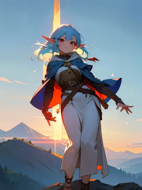 1girl, light blue hair, red eyes, (elf), (cute face), beautiful, hood, (detailed face), full body, medieval, mountains background, hand apropiate, free hands