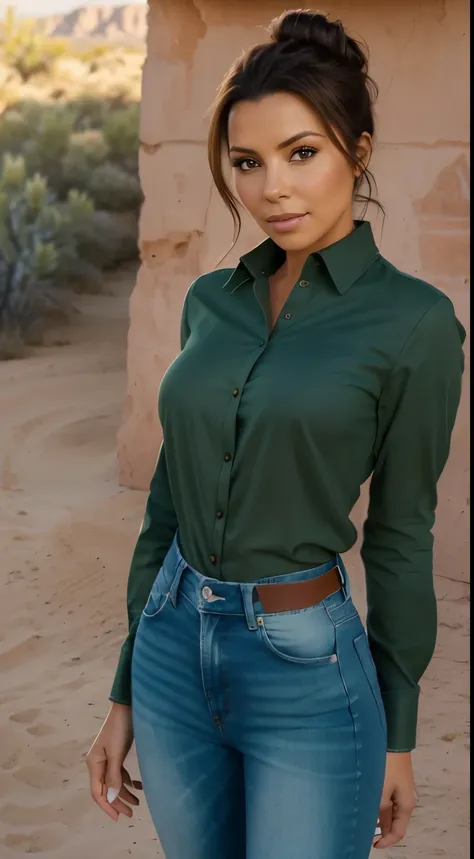 Foto hiperrealista en primer plano de Eva Longoria,  masterpiece, best quality, (photorealistic:1.4), (denim jeans1.2), (green long sleeves blouse:1.2), desert desert, cinematic light, beautiful woman, skinny, medium breasts, straight brown hair, hair tied...