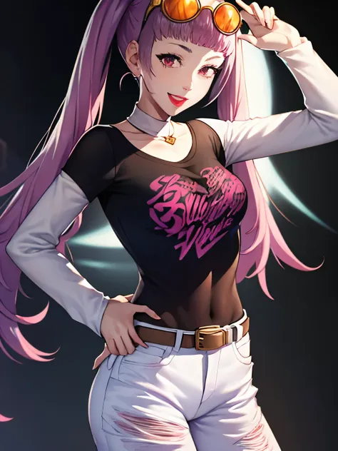 hilda valentine goneril ,smile, twintails, 1girl, solo, standing, black t-shirt, white shirt, jeans, belt, lipstick, eyewear on ...