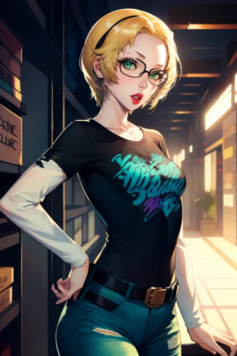 waringrid, short hair, green eyes , 1girl, solo, standing, black t-shirt, white shirt, jeans, belt, lipstick, eyewear on head,