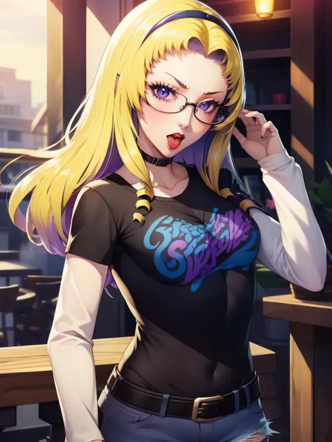 constance_timeskip, purple eyes, 1girl, solo, standing, black t-shirt, white shirt, jeans, belt, lipstick, eyewear on head,