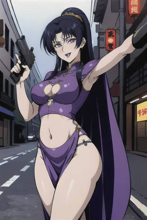 Karla,1girl,
long hir,black hair,purple eyes,purple lips,
masterpiece, best quality, highly detailed, a anime girls in china dress with navel cutout holding a gun
posing for a picture, navel cutout, crop top, china dress, ecchi anime style, evil smile, ope...