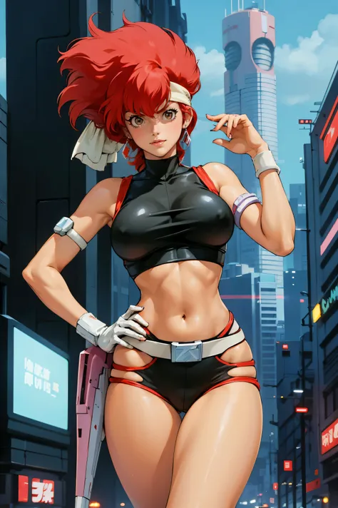 Kei from The Dirty Pair, , wearing a tight outfit, skimpy, legs, medium breast, red hair beauty, cyberpunk city background, holding retro space-gun, headband, slim waist, slim thighs, thigh gap