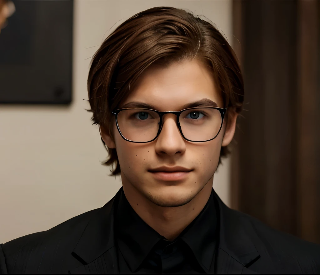 Um menino de 18 anos, reddish brown hair blue eyes glasses and black suit