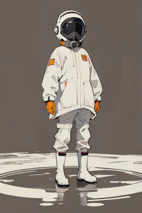  (ultra detailed,ultra high res,detailed background),((2D)),((flat color)),((muted color)), 1solo, looking at viewer, white hazmat suit, (big red galoshes), plush collar, full body image, square helmet