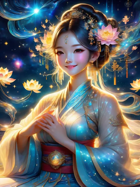 top quality，masterpiece：1.2，detailed details，Flashing Hanfu girl，beautiful young goddess，smile softly，She clasped her hands together，Prayer and meditation，She is wearing a white dress，Stars twinkling in the blue night sky，you sit on a lotus，In a fantastic ...