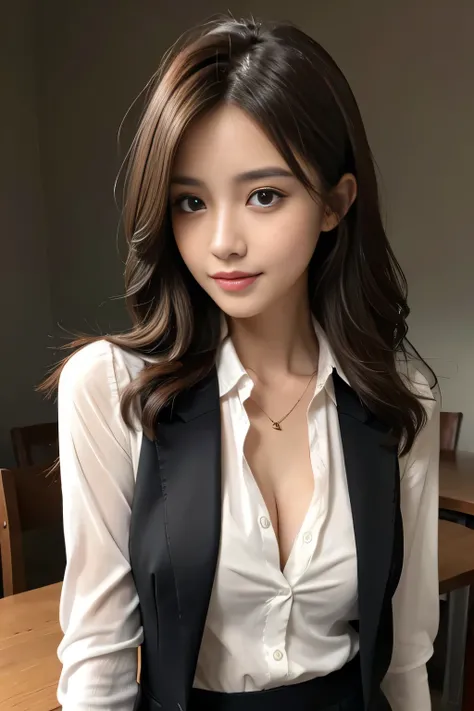 table top, highest quality, realistic, Super detailed, finely, High resolution, 8k wallpaper, 1 beautiful woman,, light brown messy hair, He is wearing a black see-through dress shirt with an open collar..., sharp focus, perfect dynamic composition, beauti...