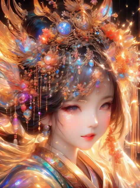 lifelike，1 girl，(shiny:1.3)，(Hanfu)，(Phoenix crown，Tassel headdress，Crown of pearls，flower headdress:1.5)，Kawaii aesthetic style，(liquid light)，(sun-kissed palettes:1.3)，(Full of warmth and vitality)，intricate details，Chinese traditional elements，Whimsical...