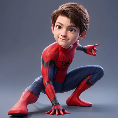  [3d disney pixar character][caricature][full body][long shot] an avatar of peter parker from thr movie spiderman as a  boy wear spiderman suit. background grey. UHD 128k hyper realistic hyper detailed