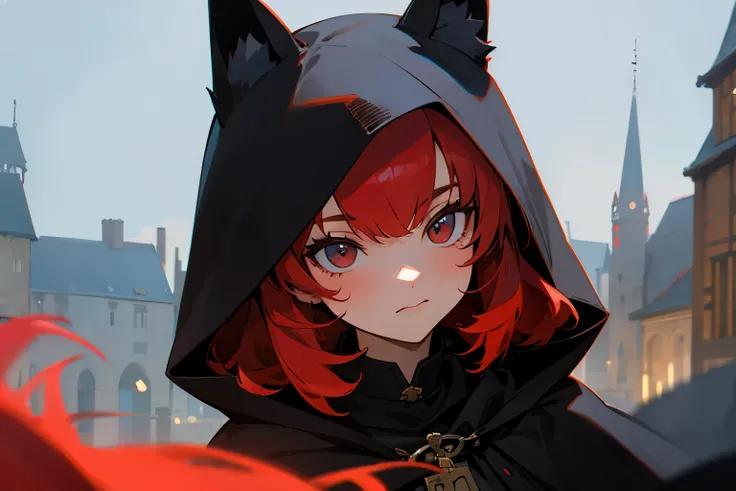 1girl, red hair, fox red ears, non human ears, fox red tail, black hood, serius face, cute girl, medieval, medieval town background